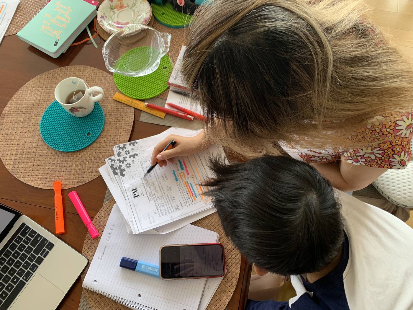 Going over marked, highlighted worksheets together