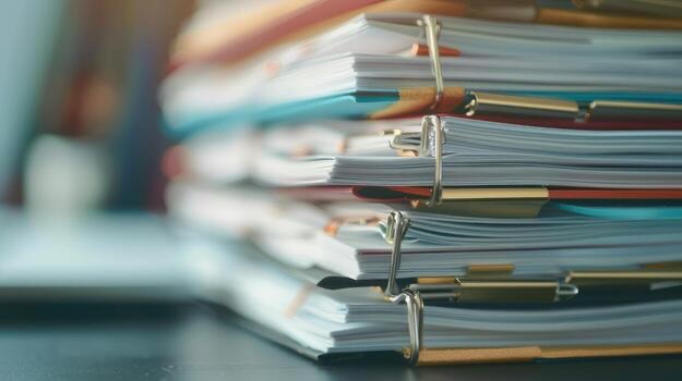 Stacks of paperwork and documents on a desk